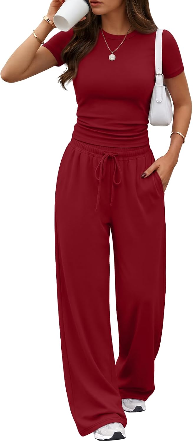 Trendy Queen Women's 2 Piece Matching Summer Lounge Set with Pockets | Vacation Airport Travel Outfits, Workout Gym Clothing Comfy Athleisure Clothes, Side-ruched Top, Drawstring Wide Leg Pants