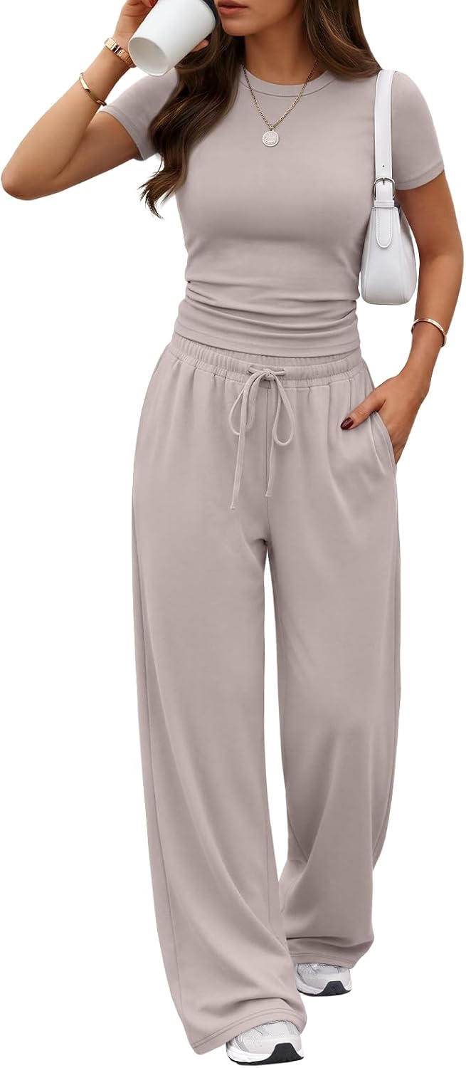 Trendy Queen Women's 2 Piece Matching Summer Lounge Set with Pockets | Vacation Airport Travel Outfits, Workout Gym Clothing Comfy Athleisure Clothes, Side-ruched Top, Drawstring Wide Leg Pants