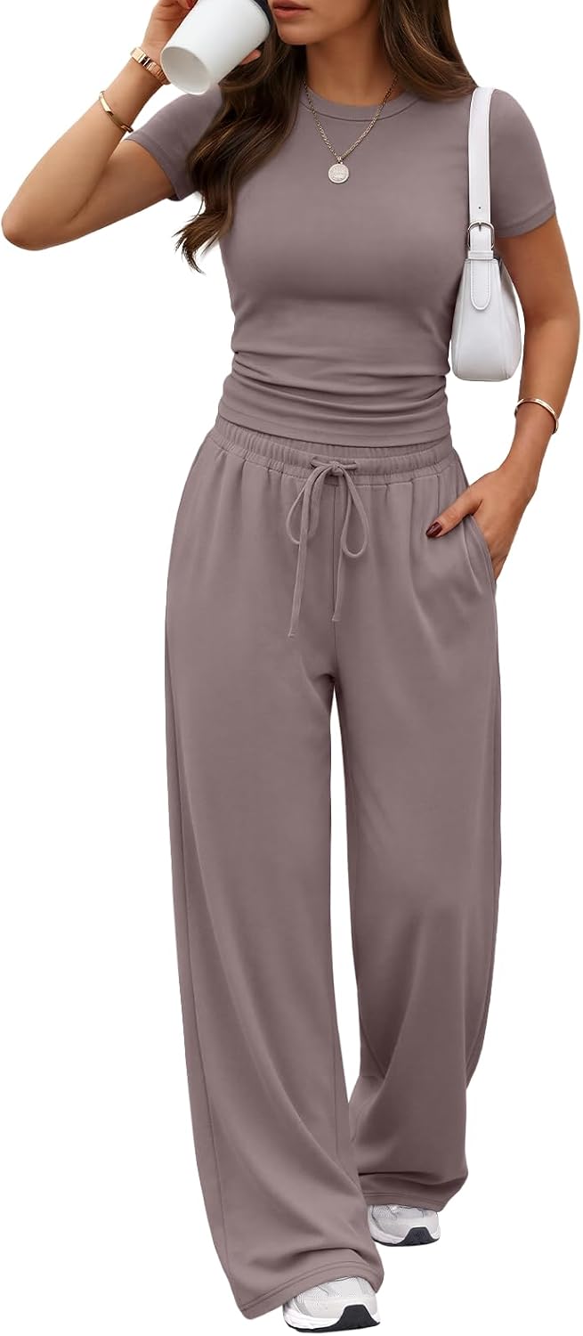 Trendy Queen Women's 2 Piece Matching Summer Lounge Set with Pockets | Vacation Airport Travel Outfits, Workout Gym Clothing Comfy Athleisure Clothes, Side-ruched Top, Drawstring Wide Leg Pants