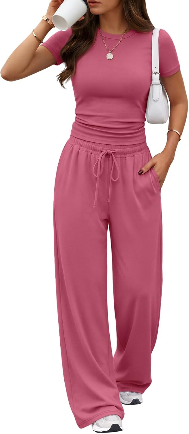 Trendy Queen Women's 2 Piece Matching Summer Lounge Set with Pockets | Vacation Airport Travel Outfits, Workout Gym Clothing Comfy Athleisure Clothes, Side-ruched Top, Drawstring Wide Leg Pants
