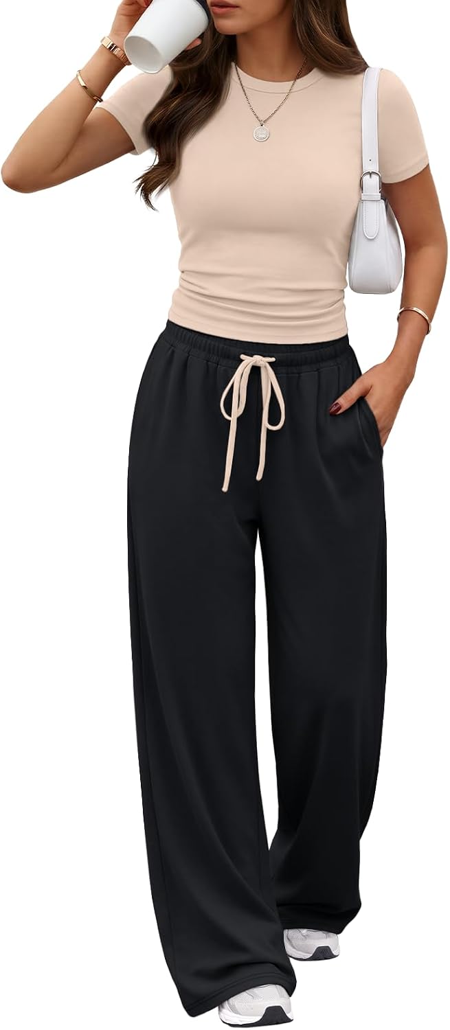 Trendy Queen Women's 2 Piece Matching Summer Lounge Set with Pockets | Vacation Airport Travel Outfits, Workout Gym Clothing Comfy Athleisure Clothes, Side-ruched Top, Drawstring Wide Leg Pants
