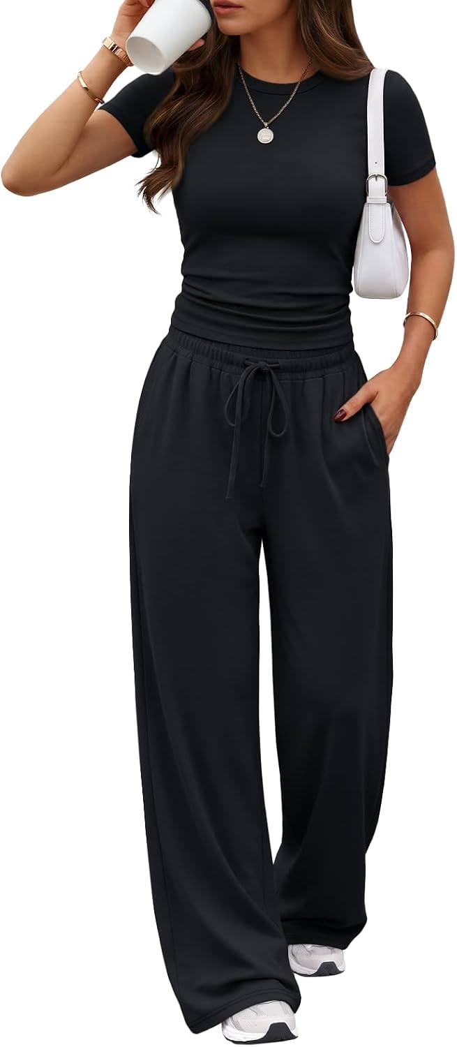 Trendy Queen Women's 2 Piece Matching Summer Lounge Set with Pockets | Vacation Airport Travel Outfits, Workout Gym Clothing Comfy Athleisure Clothes, Side-ruched Top, Drawstring Wide Leg Pants