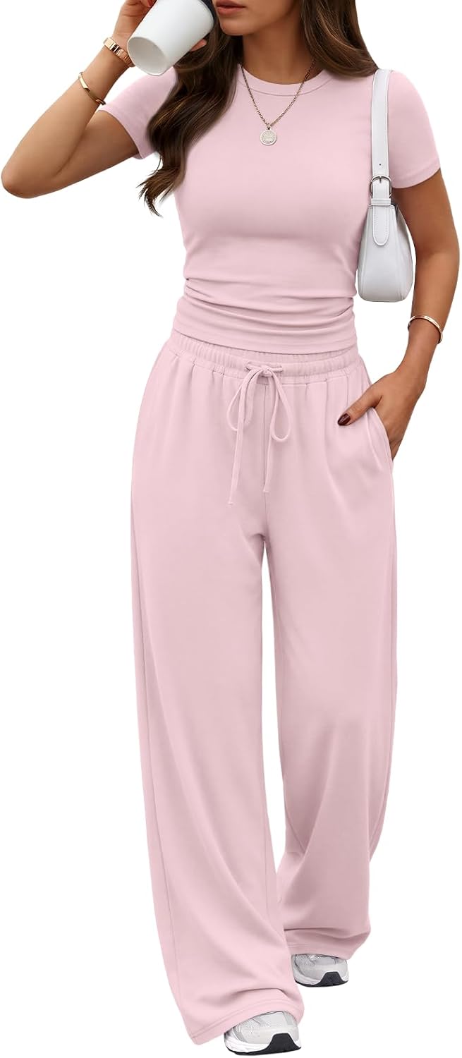 Trendy Queen Women's 2 Piece Matching Summer Lounge Set with Pockets | Vacation Airport Travel Outfits, Workout Gym Clothing Comfy Athleisure Clothes, Side-ruched Top, Drawstring Wide Leg Pants
