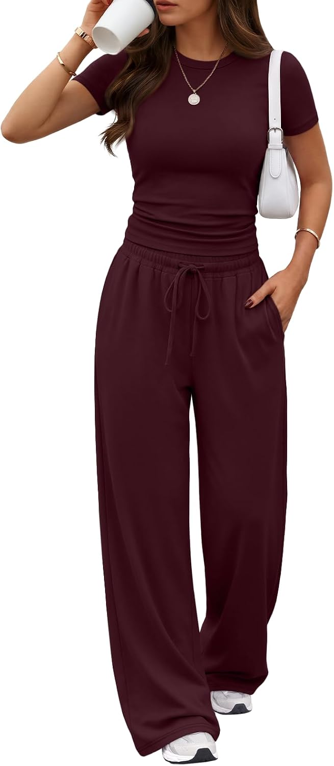 Trendy Queen Women's 2 Piece Matching Summer Lounge Set with Pockets | Vacation Airport Travel Outfits, Workout Gym Clothing Comfy Athleisure Clothes, Side-ruched Top, Drawstring Wide Leg Pants