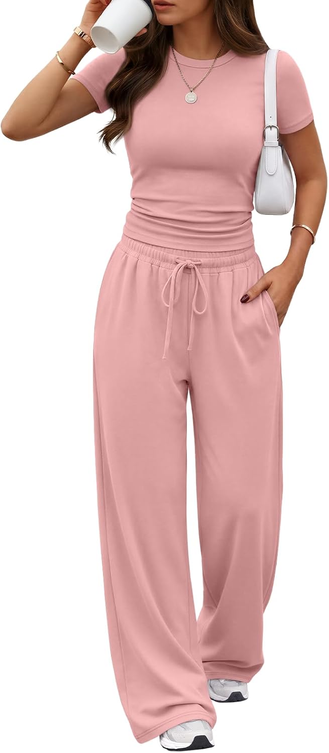 Trendy Queen Women's 2 Piece Matching Summer Lounge Set with Pockets | Vacation Airport Travel Outfits, Workout Gym Clothing Comfy Athleisure Clothes, Side-ruched Top, Drawstring Wide Leg Pants