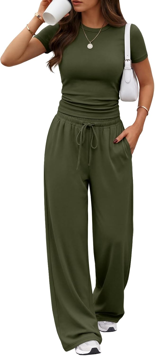 Trendy Queen Women's 2 Piece Matching Summer Lounge Set with Pockets | Vacation Airport Travel Outfits, Workout Gym Clothing Comfy Athleisure Clothes, Side-ruched Top, Drawstring Wide Leg Pants