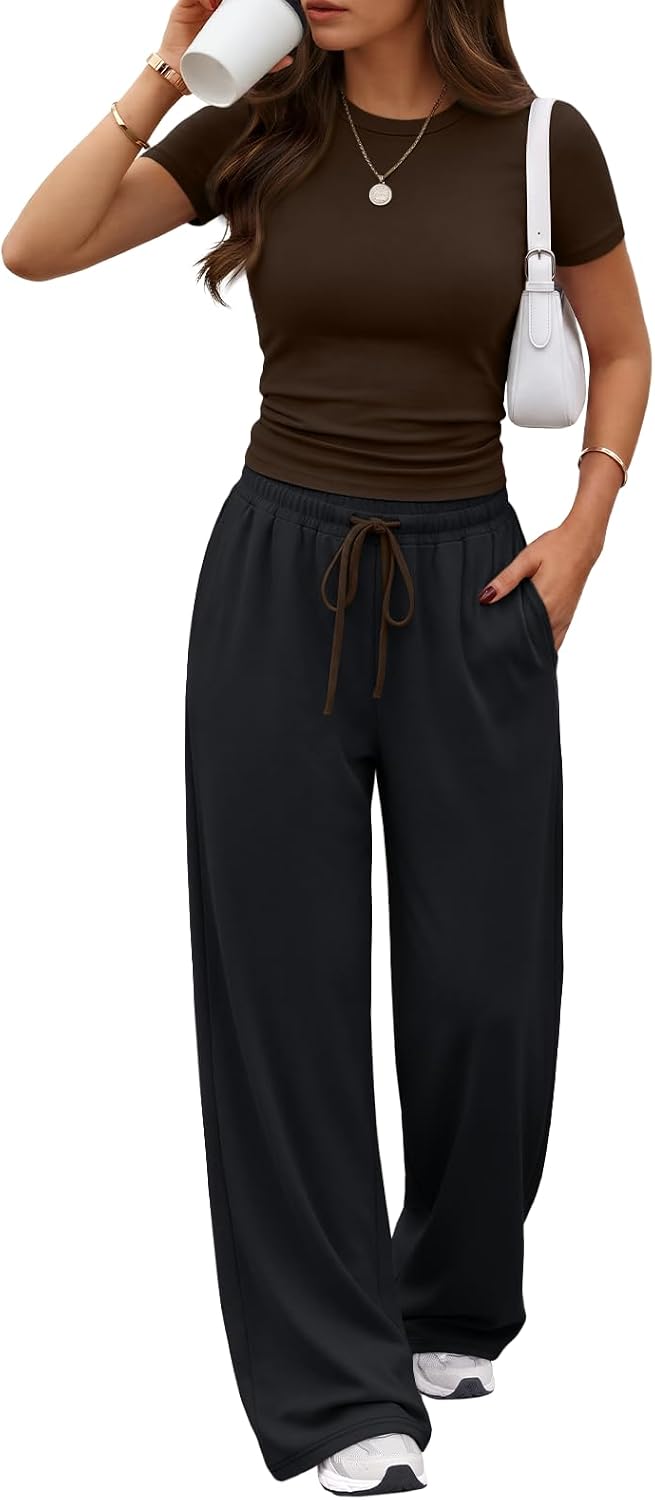 Trendy Queen Women's 2 Piece Matching Summer Lounge Set with Pockets | Vacation Airport Travel Outfits, Workout Gym Clothing Comfy Athleisure Clothes, Side-ruched Top, Drawstring Wide Leg Pants