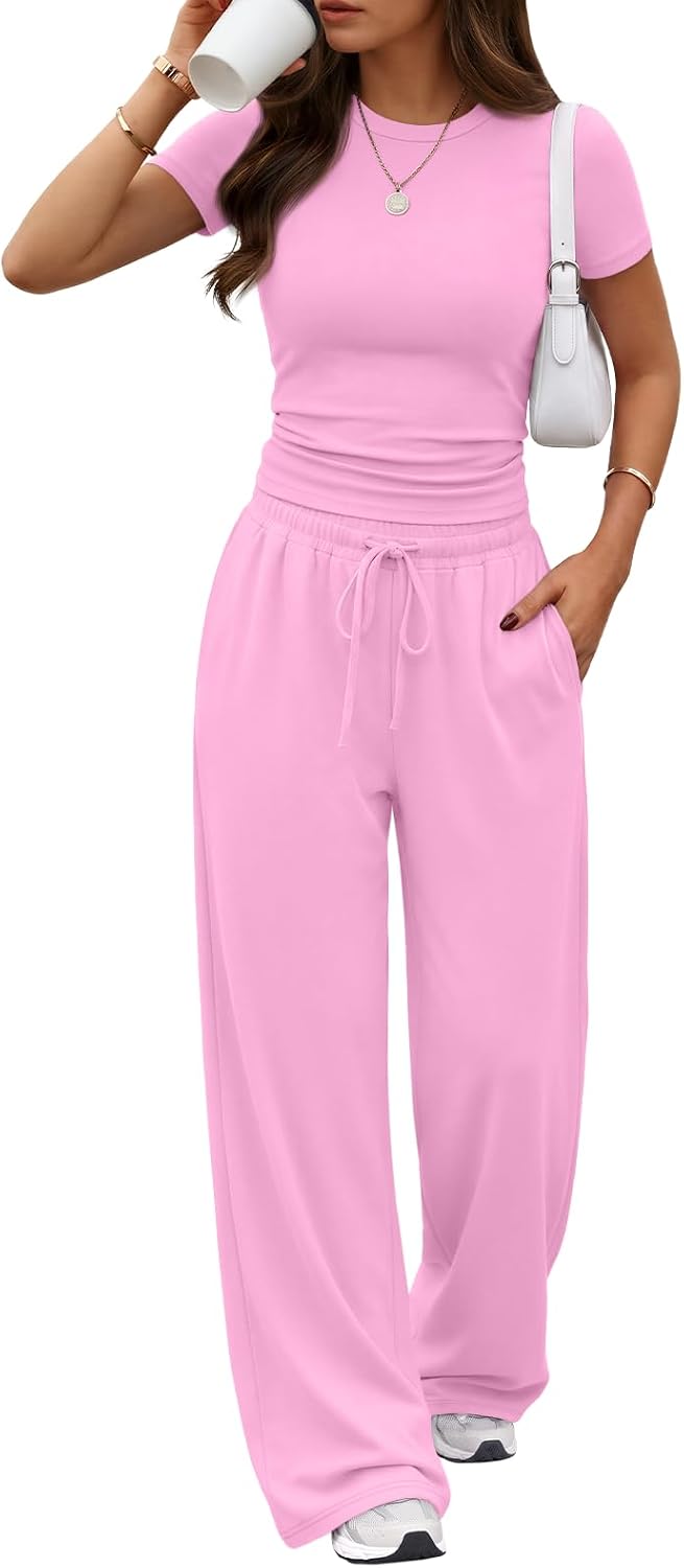 Trendy Queen Women's 2 Piece Matching Summer Lounge Set with Pockets | Vacation Airport Travel Outfits, Workout Gym Clothing Comfy Athleisure Clothes, Side-ruched Top, Drawstring Wide Leg Pants