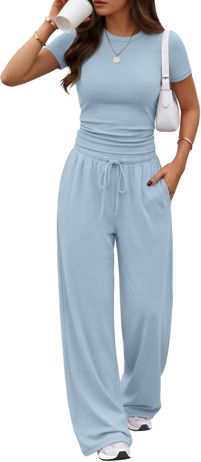 Trendy Queen Women's 2 Piece Matching Summer Lounge Set with Pockets | Vacation Airport Travel Outfits, Workout Gym Clothing Comfy Athleisure Clothes, Side-ruched Top, Drawstring Wide Leg Pants