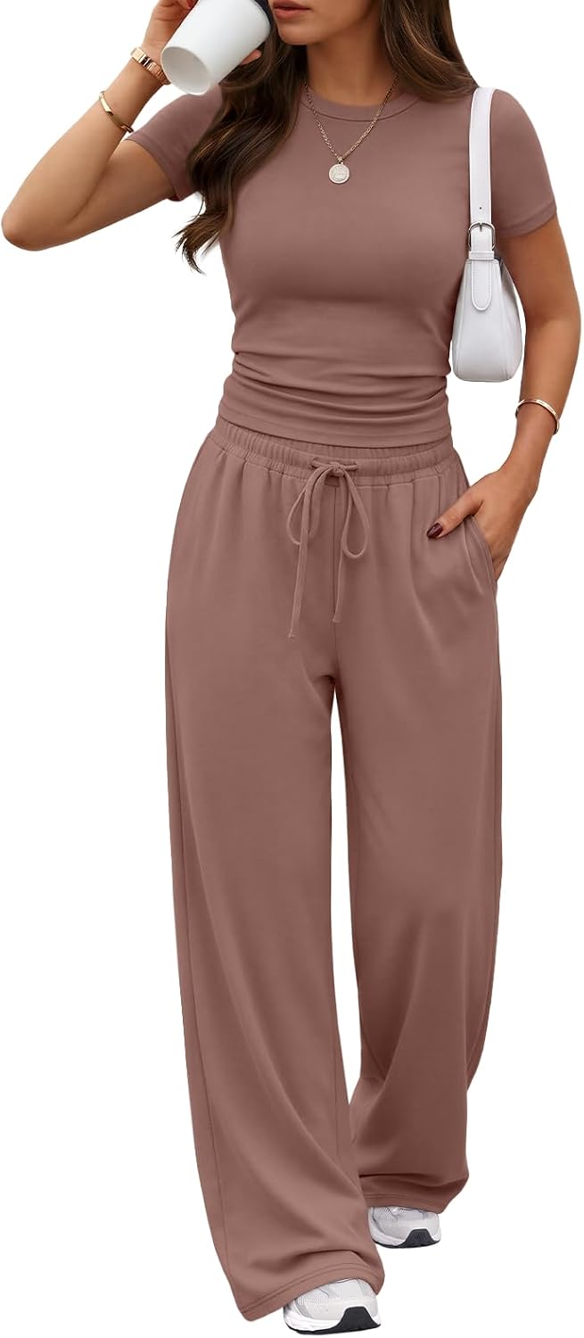 Trendy Queen Women's 2 Piece Matching Summer Lounge Set with Pockets | Vacation Airport Travel Outfits, Workout Gym Clothing Comfy Athleisure Clothes, Side-ruched Top, Drawstring Wide Leg Pants