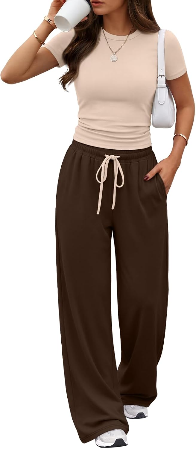 Trendy Queen Women's 2 Piece Matching Summer Lounge Set with Pockets | Vacation Airport Travel Outfits, Workout Gym Clothing Comfy Athleisure Clothes, Side-ruched Top, Drawstring Wide Leg Pants
