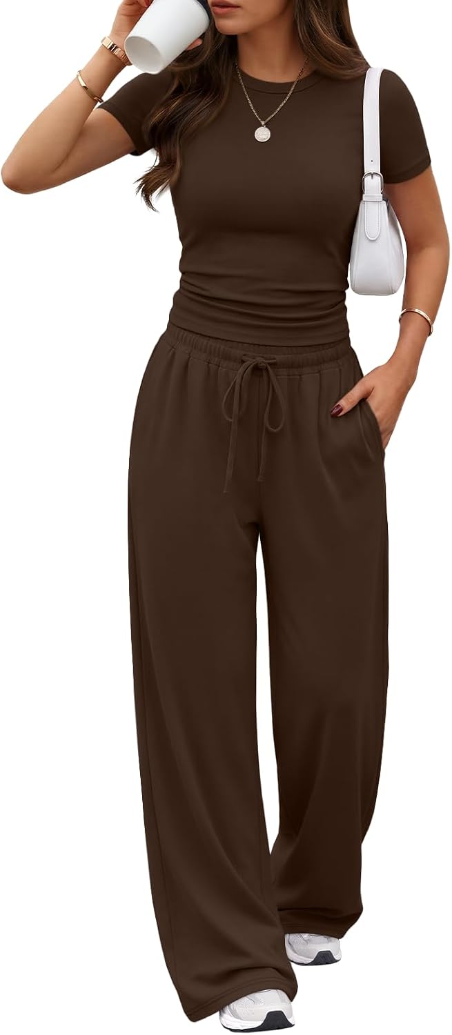 Trendy Queen Women's 2 Piece Matching Summer Lounge Set with Pockets | Vacation Airport Travel Outfits, Workout Gym Clothing Comfy Athleisure Clothes, Side-ruched Top, Drawstring Wide Leg Pants