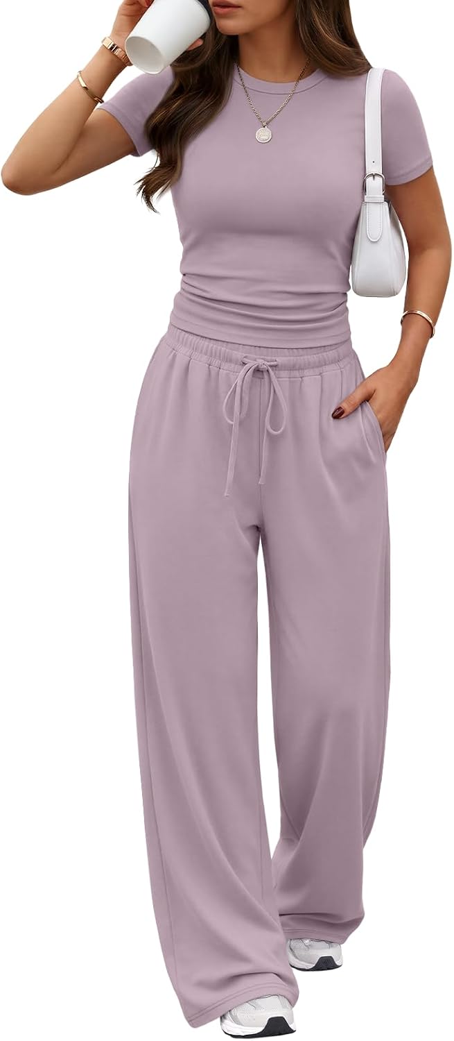 Trendy Queen Women's 2 Piece Matching Summer Lounge Set with Pockets | Vacation Airport Travel Outfits, Workout Gym Clothing Comfy Athleisure Clothes, Side-ruched Top, Drawstring Wide Leg Pants