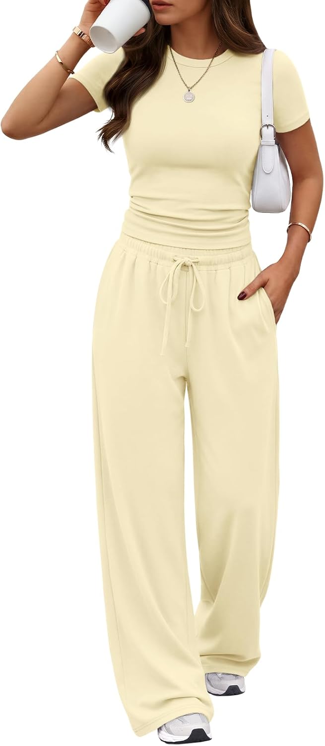 Trendy Queen Women's 2 Piece Matching Summer Lounge Set with Pockets | Vacation Airport Travel Outfits, Workout Gym Clothing Comfy Athleisure Clothes, Side-ruched Top, Drawstring Wide Leg Pants