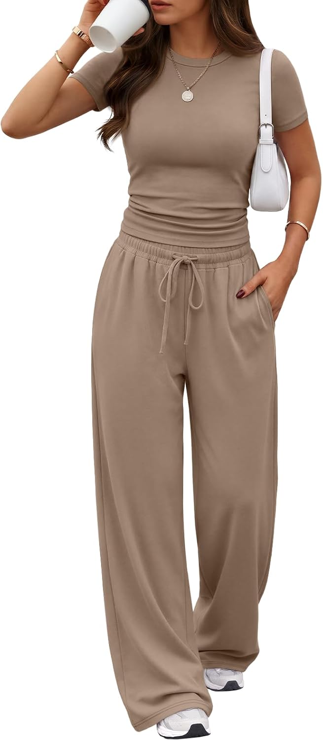 Trendy Queen Women's 2 Piece Matching Summer Lounge Set with Pockets | Vacation Airport Travel Outfits, Workout Gym Clothing Comfy Athleisure Clothes, Side-ruched Top, Drawstring Wide Leg Pants
