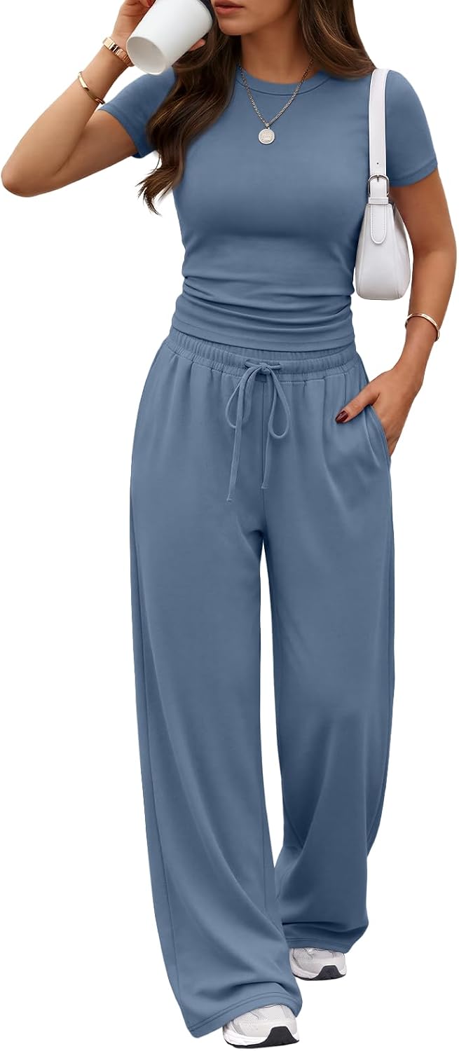 Trendy Queen Women's 2 Piece Matching Summer Lounge Set with Pockets | Vacation Airport Travel Outfits, Workout Gym Clothing Comfy Athleisure Clothes, Side-ruched Top, Drawstring Wide Leg Pants