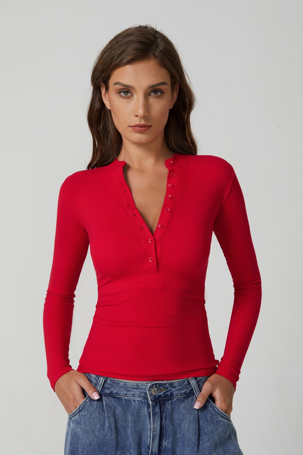 QINSEN Button Down Shirts for Women V Neck Long Sleeve Ribbed Knit Slim Fit Basic Tee Tops