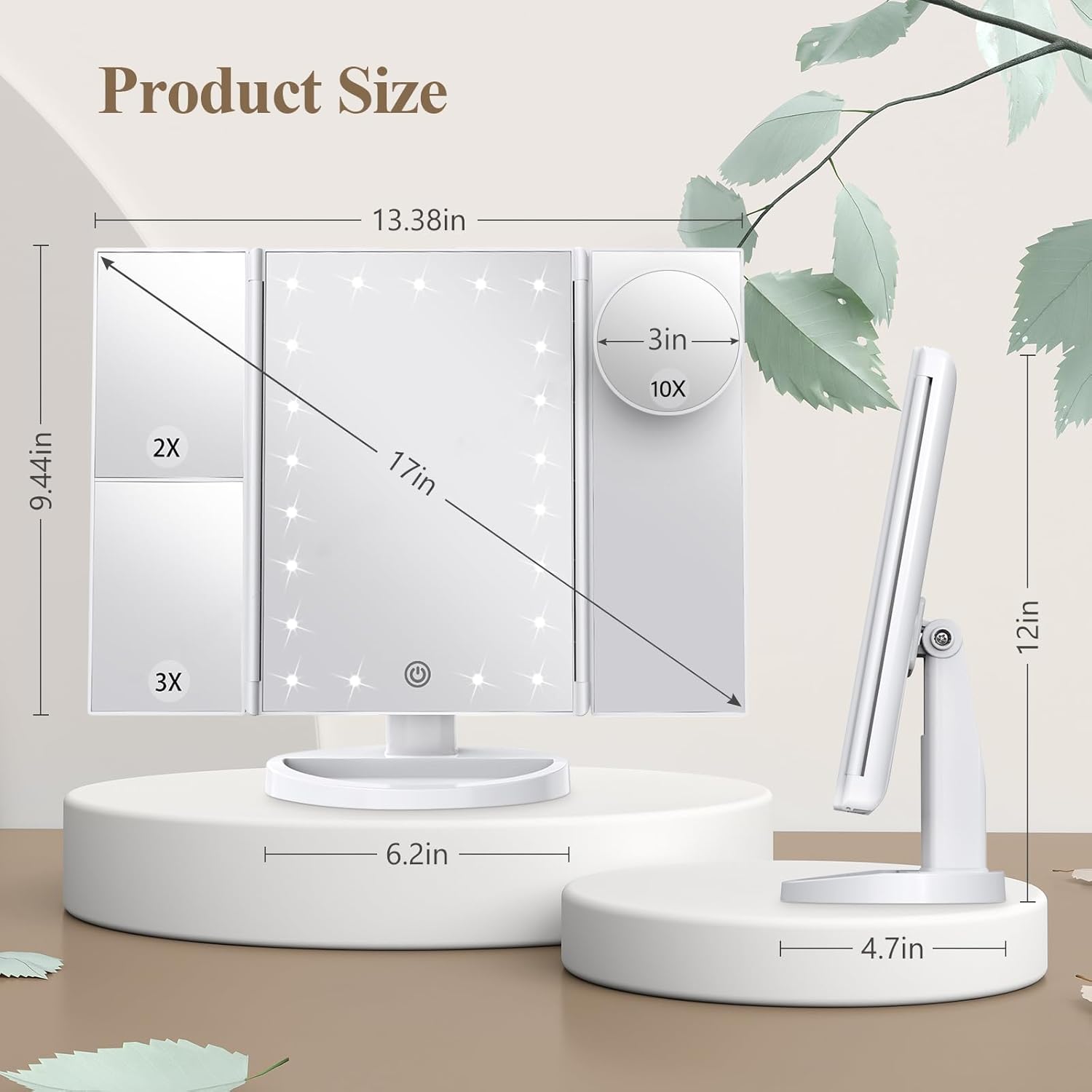 HUONUL 2X/3X/10X Magnifying Vanity Mirror with Light, Trifold Makeup Mirror | Touch Dimming, Dual Power, Clear View for Makeup, Skincare. Dorm Room Essentials. Birthday Gifts for Women, Mom, Wife, Girls