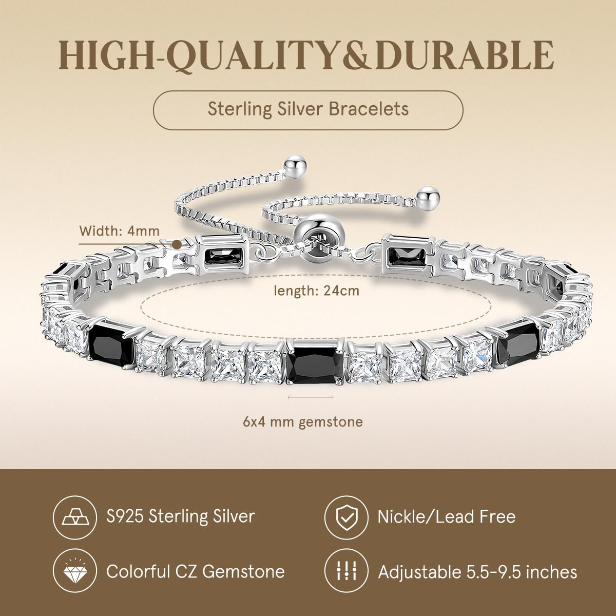 FANCIME Birthstone Bracelet for Women, Sterling Silver 4x6mm Gemstone Tennis Bracelet Bolo Adjustable Chain Fine Jewelry Birthday Gifts for Women Mom Wife Her