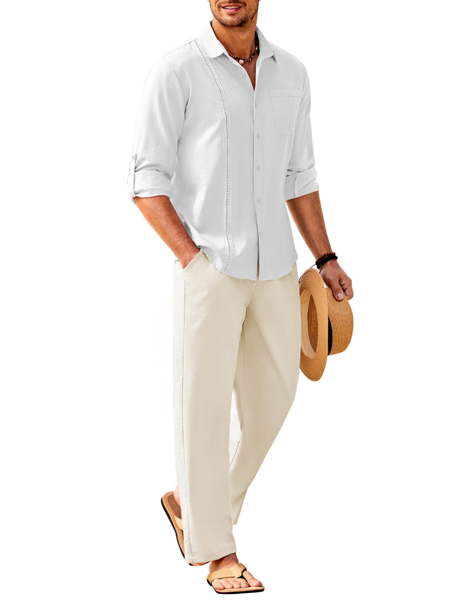 COOFANDY Mens 2 Piece Outfits Long Sleeve Button Down Cuban Shirt and Pants Set Summer Beach Sets