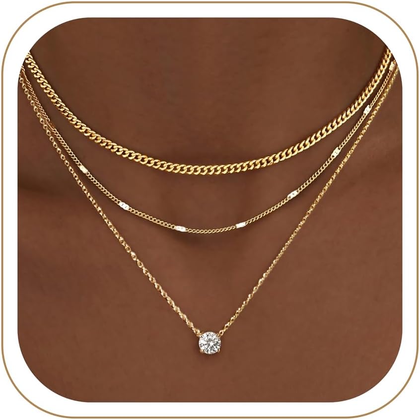 WomenGifts Layered Gold Necklaces for Women, 14K Gold Sterling Silver Plated Dainty Pendant Necklace Set Non Tarnish, Chunky Stackable Cuban Chain Choker, Trendy Birthstone Vacation Jewelry Gift