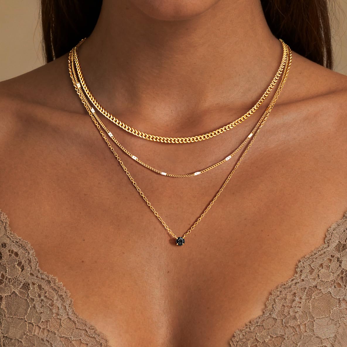 WomenGifts Layered Gold Necklaces for Women, 14K Gold Sterling Silver Plated Dainty Pendant Necklace Set Non Tarnish, Chunky Stackable Cuban Chain Choker, Trendy Birthstone Vacation Jewelry Gift