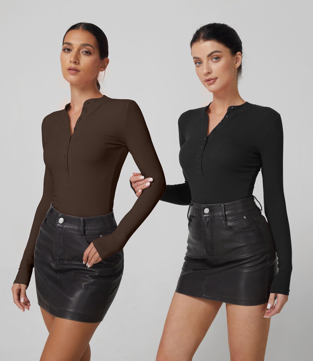 QINSEN Button Down Shirts for Women V Neck Long Sleeve Ribbed Knit Slim Fit Basic Tee Tops