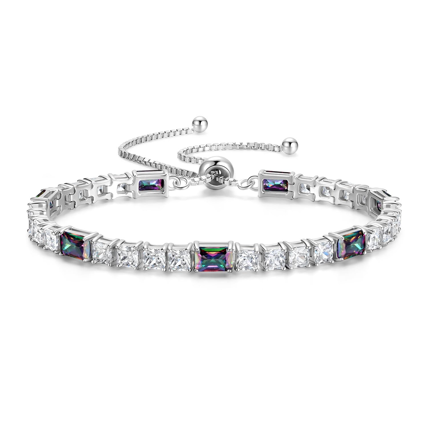 FANCIME Birthstone Bracelet for Women, Sterling Silver 4x6mm Gemstone Tennis Bracelet Bolo Adjustable Chain Fine Jewelry Birthday Gifts for Women Mom Wife Her