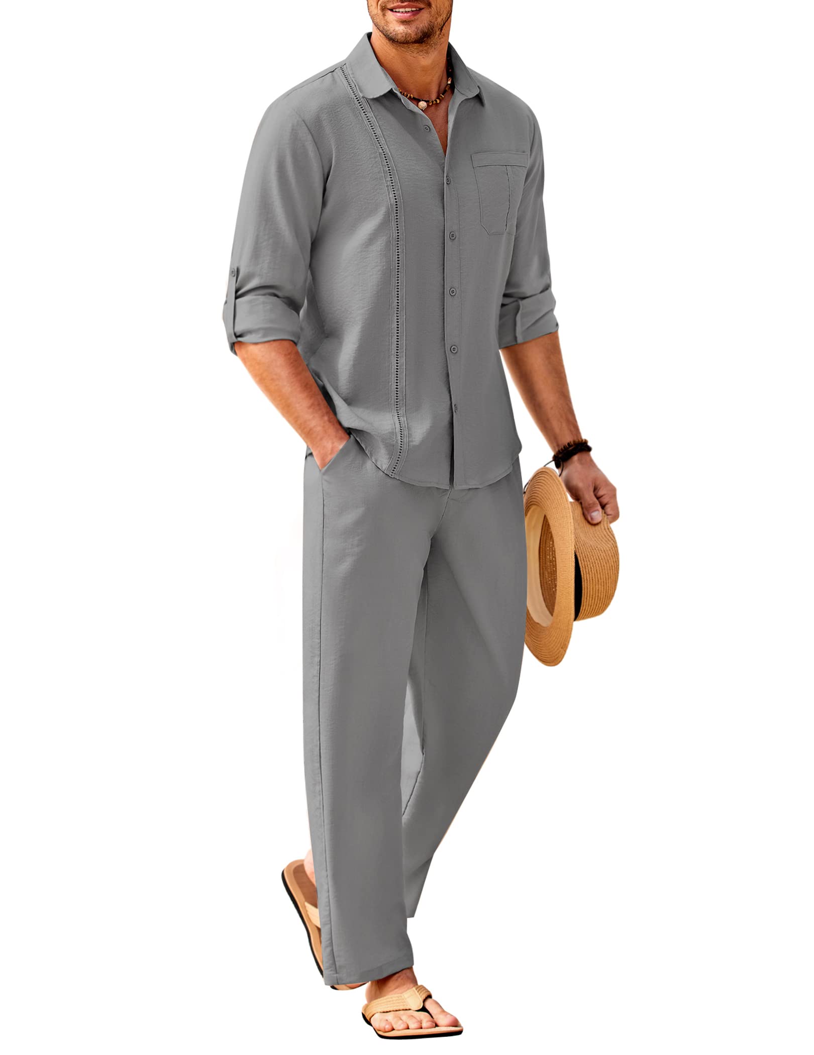 COOFANDY Mens 2 Piece Outfits Long Sleeve Button Down Cuban Shirt and Pants Set Summer Beach Sets
