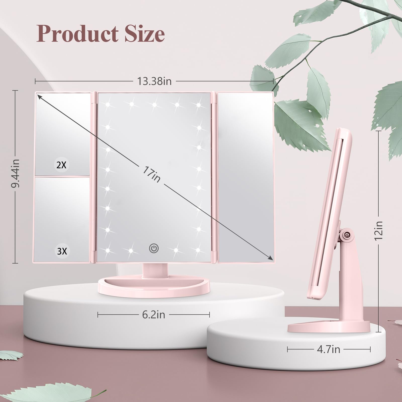 HUONUL 2X/3X/10X Magnifying Vanity Mirror with Light, Trifold Makeup Mirror | Touch Dimming, Dual Power, Clear View for Makeup, Skincare. Dorm Room Essentials. Birthday Gifts for Women, Mom, Wife, Girls