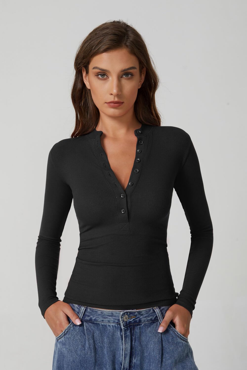 QINSEN Button Down Shirts for Women V Neck Long Sleeve Ribbed Knit Slim Fit Basic Tee Tops