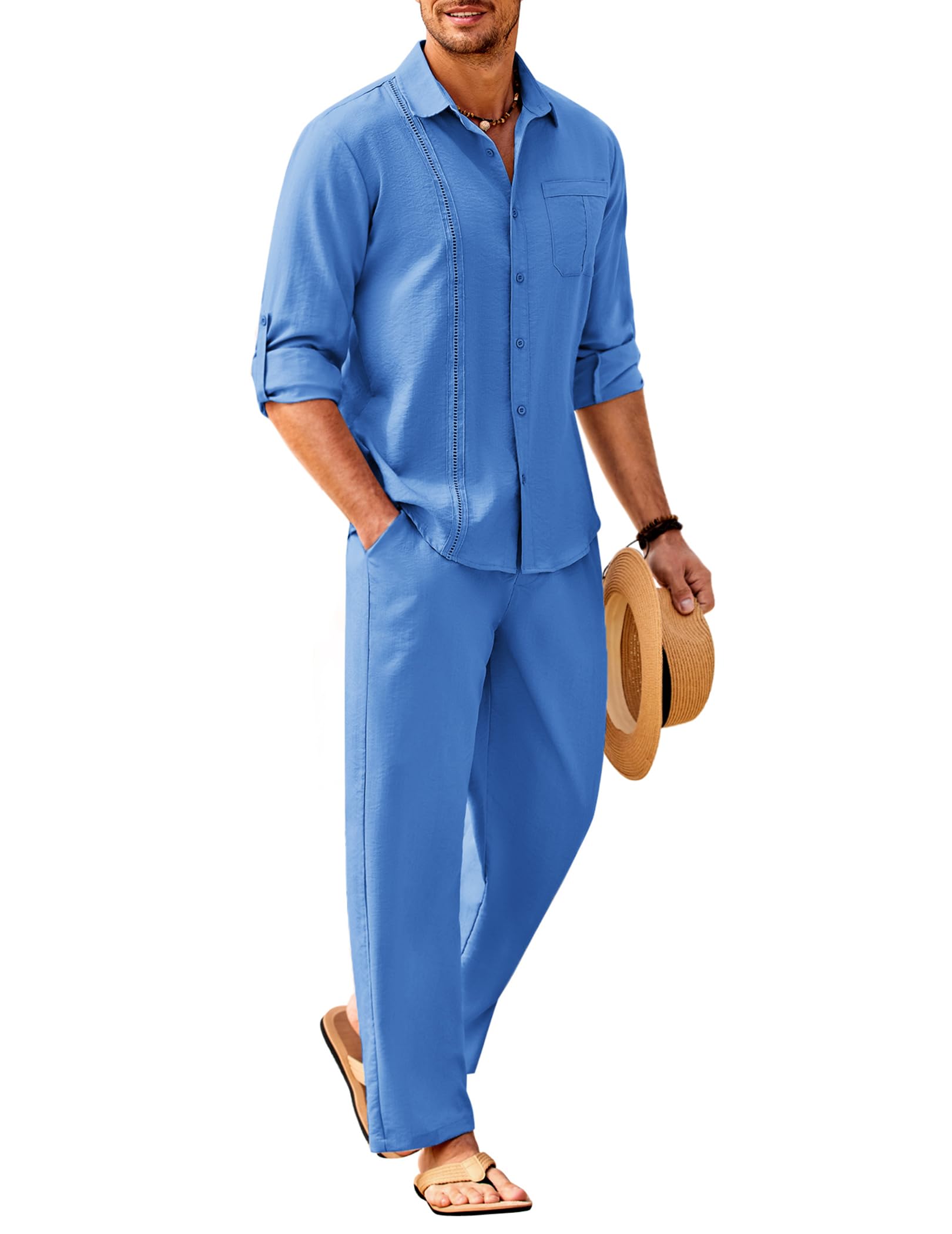 COOFANDY Mens 2 Piece Outfits Long Sleeve Button Down Cuban Shirt and Pants Set Summer Beach Sets