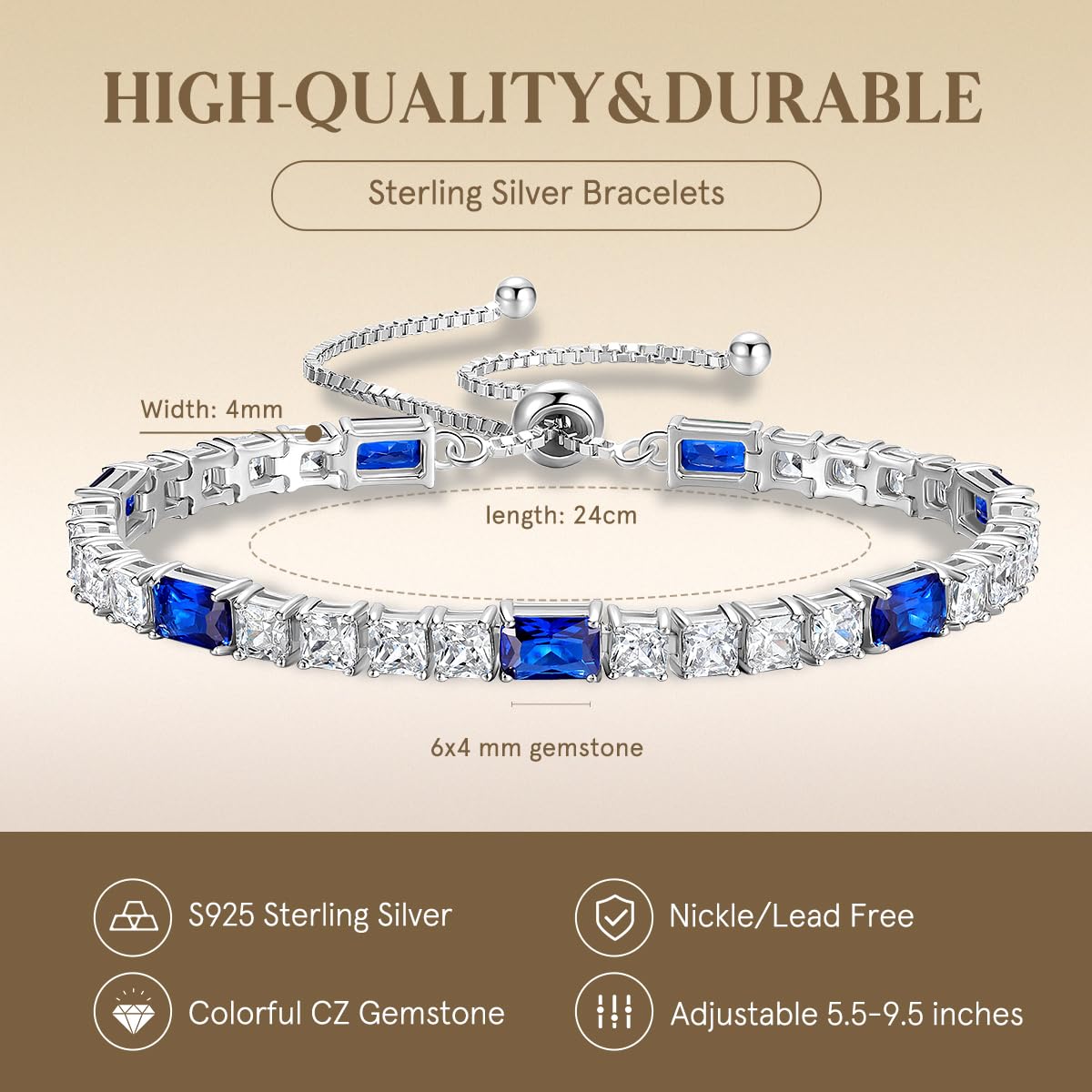 FANCIME Birthstone Bracelet for Women, Sterling Silver 4x6mm Gemstone Tennis Bracelet Bolo Adjustable Chain Fine Jewelry Birthday Gifts for Women Mom Wife Her