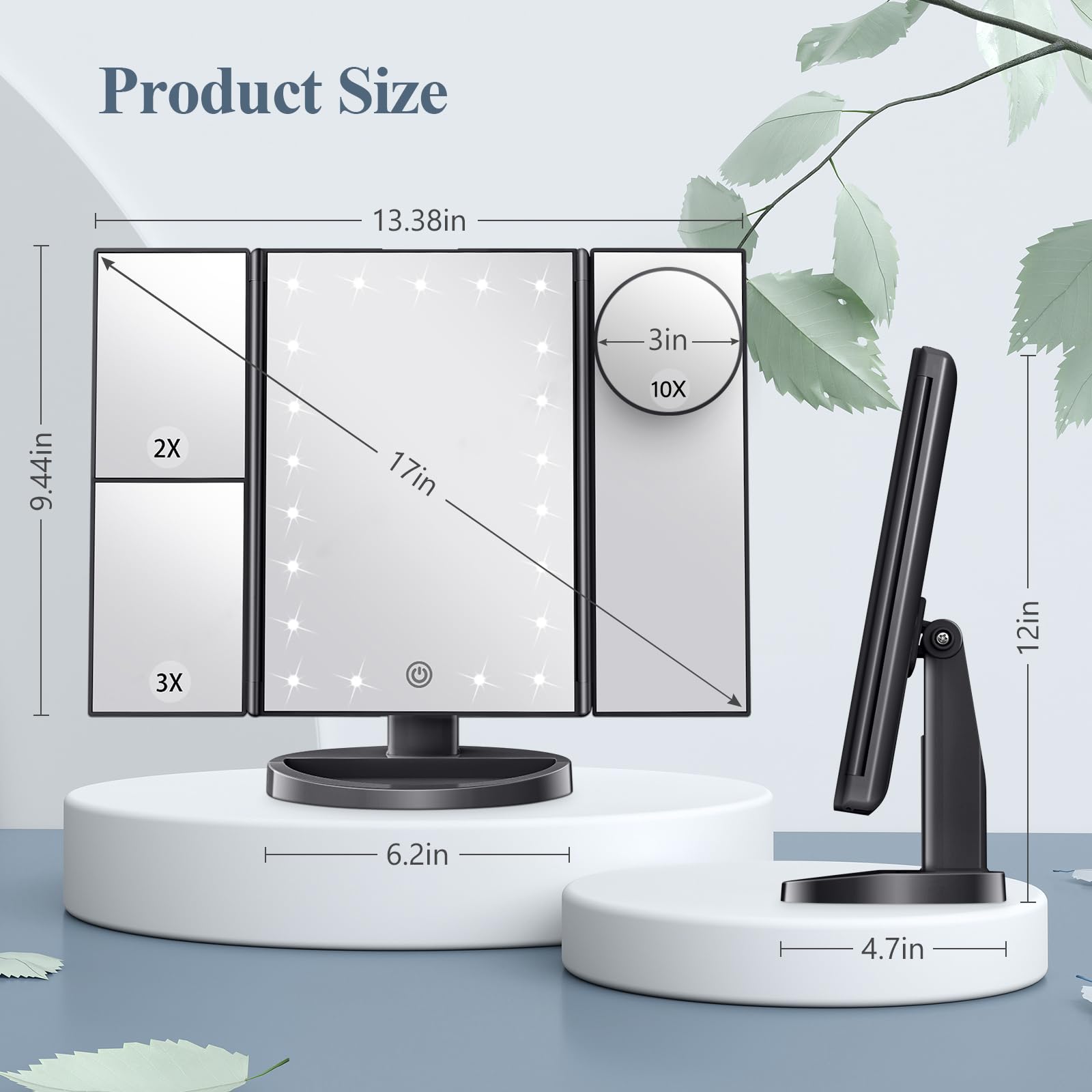 HUONUL 2X/3X/10X Magnifying Vanity Mirror with Light, Trifold Makeup Mirror | Touch Dimming, Dual Power, Clear View for Makeup, Skincare. Dorm Room Essentials. Birthday Gifts for Women, Mom, Wife, Girls
