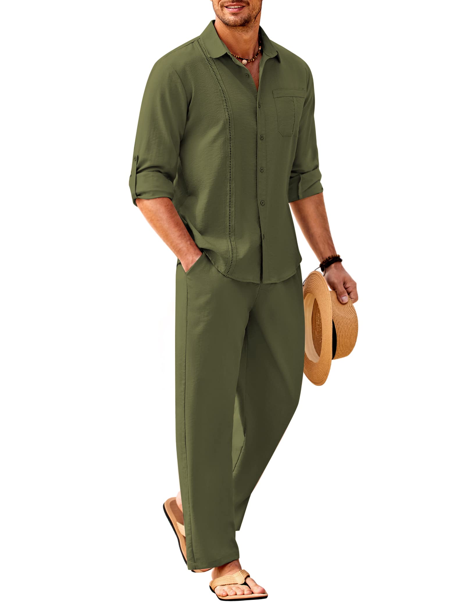 COOFANDY Mens 2 Piece Outfits Long Sleeve Button Down Cuban Shirt and Pants Set Summer Beach Sets