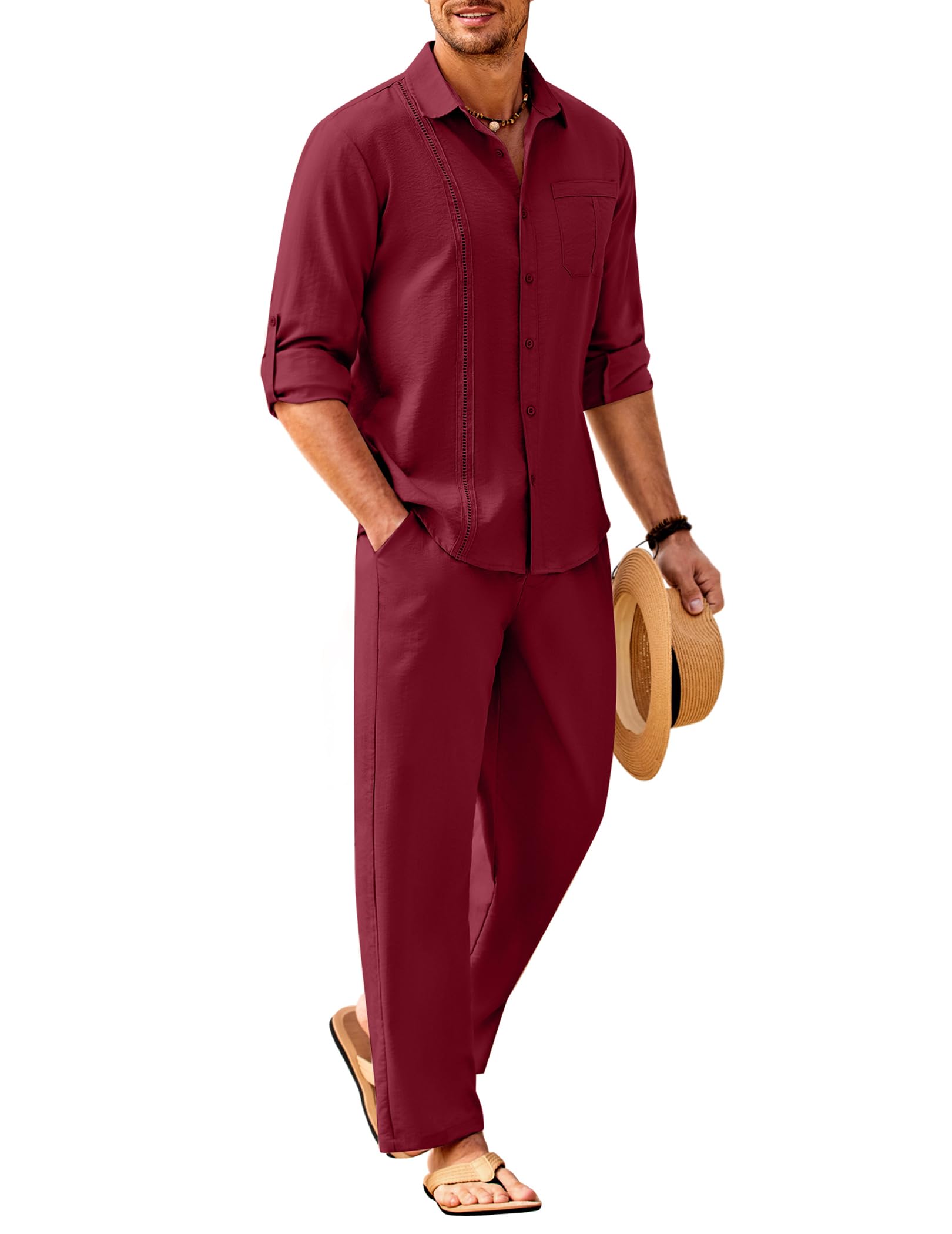 COOFANDY Mens 2 Piece Outfits Long Sleeve Button Down Cuban Shirt and Pants Set Summer Beach Sets