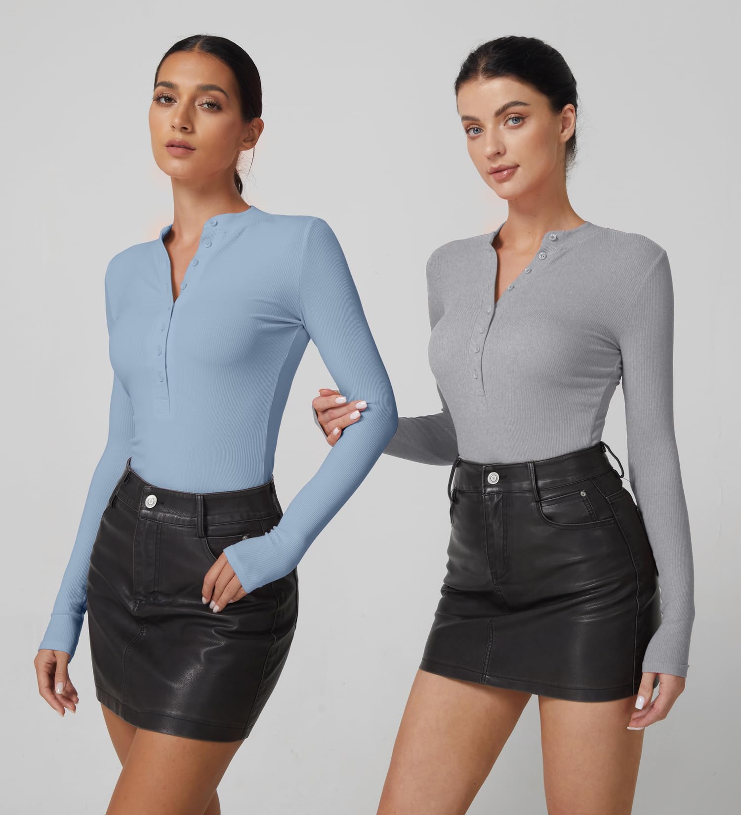 QINSEN Button Down Shirts for Women V Neck Long Sleeve Ribbed Knit Slim Fit Basic Tee Tops