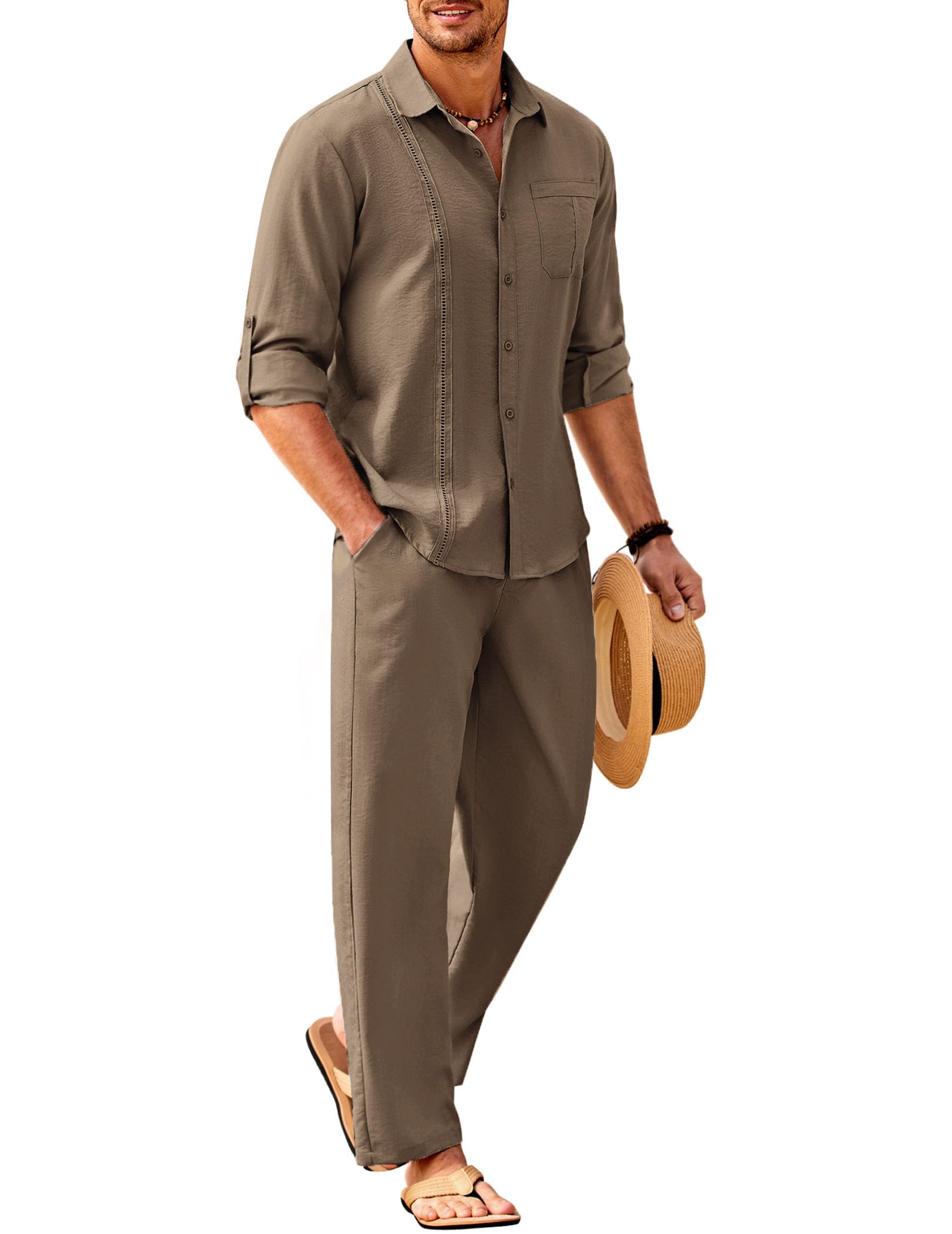 COOFANDY Mens 2 Piece Outfits Long Sleeve Button Down Cuban Shirt and Pants Set Summer Beach Sets