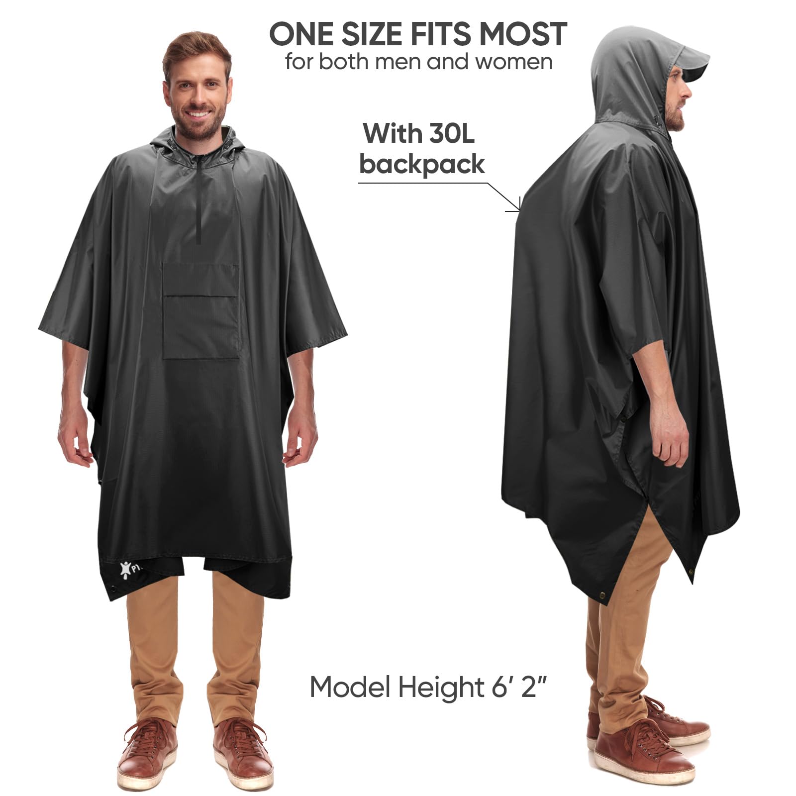 PTEROMY 3-in-1 Hooded Rain Poncho for Adult with Pocket, Waterproof Lightweight Unisex Raincoat for Hiking Camping Emergency