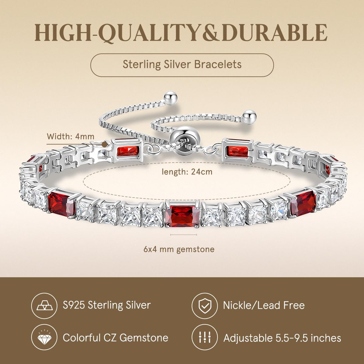 FANCIME Birthstone Bracelet for Women, Sterling Silver 4x6mm Gemstone Tennis Bracelet Bolo Adjustable Chain Fine Jewelry Birthday Gifts for Women Mom Wife Her