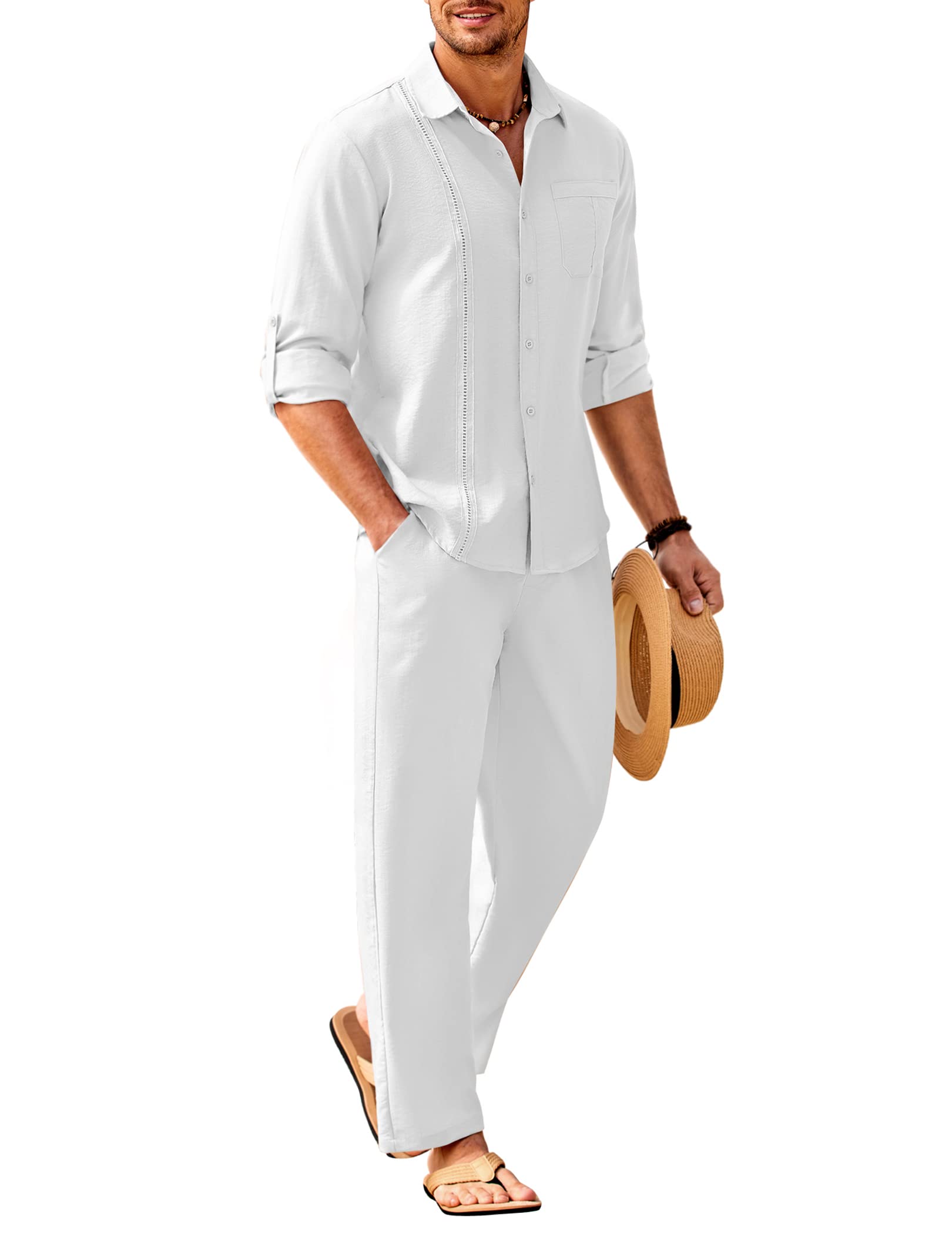 COOFANDY Mens 2 Piece Outfits Long Sleeve Button Down Cuban Shirt and Pants Set Summer Beach Sets