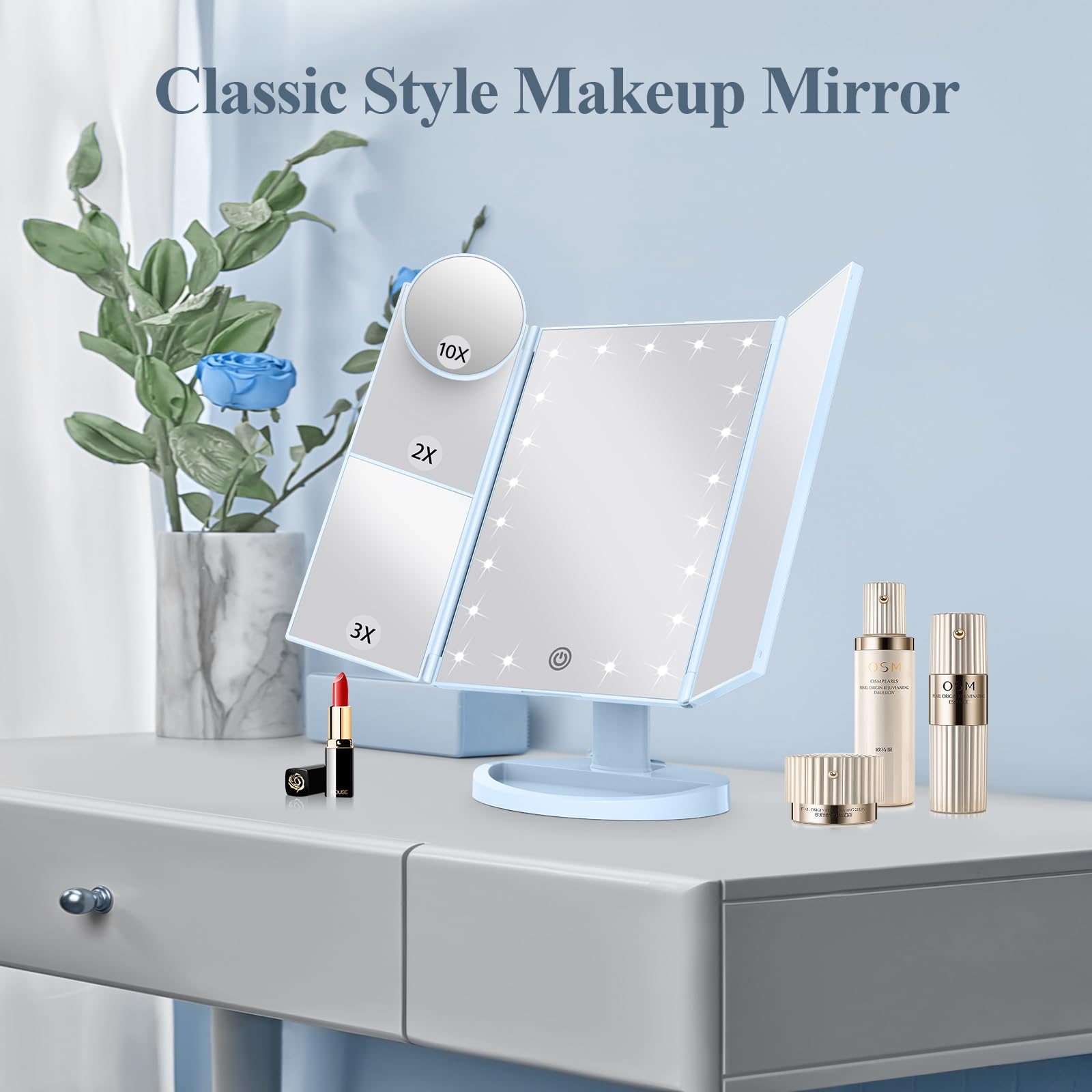 HUONUL 2X/3X/10X Magnifying Vanity Mirror with Light, Trifold Makeup Mirror | Touch Dimming, Dual Power, Clear View for Makeup, Skincare. Dorm Room Essentials. Birthday Gifts for Women, Mom, Wife, Girls