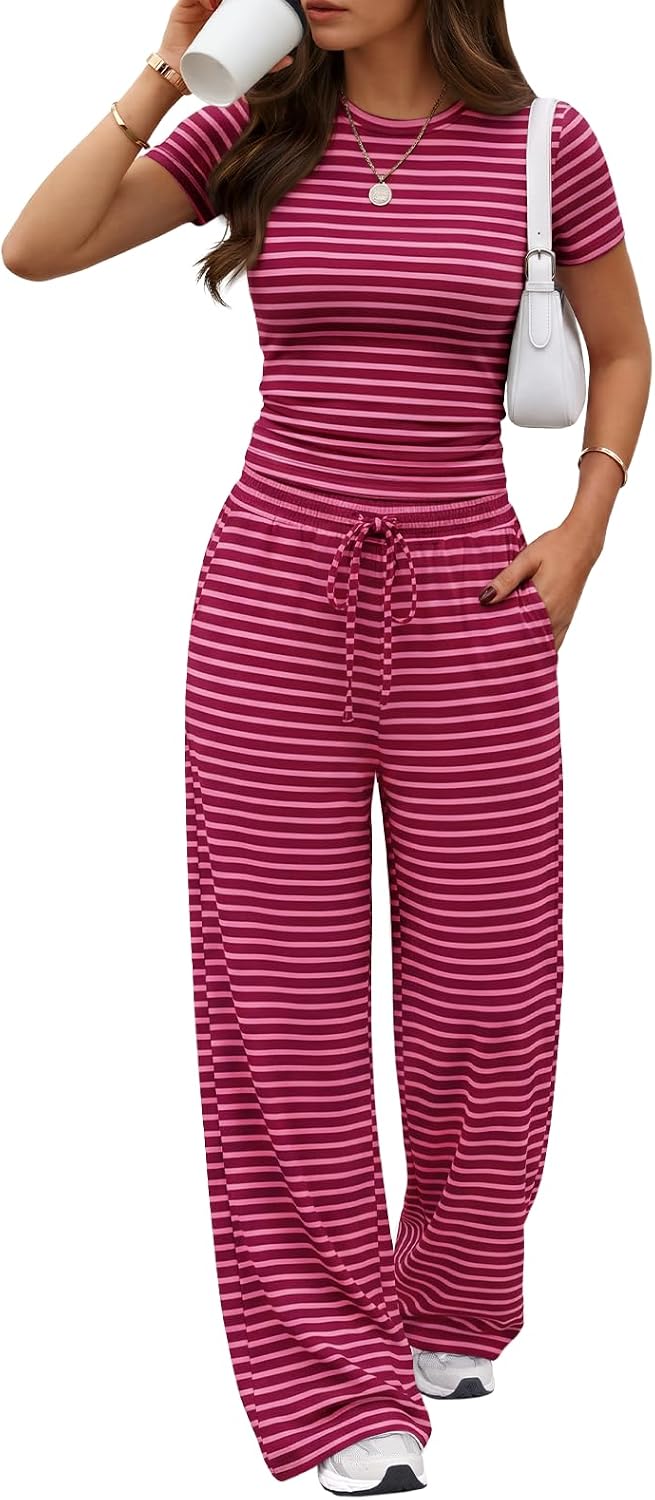 Trendy Queen Women's 2 Piece Matching Summer Lounge Set with Pockets | Vacation Airport Travel Outfits, Workout Gym Clothing Comfy Athleisure Clothes, Side-ruched Top, Drawstring Wide Leg Pants
