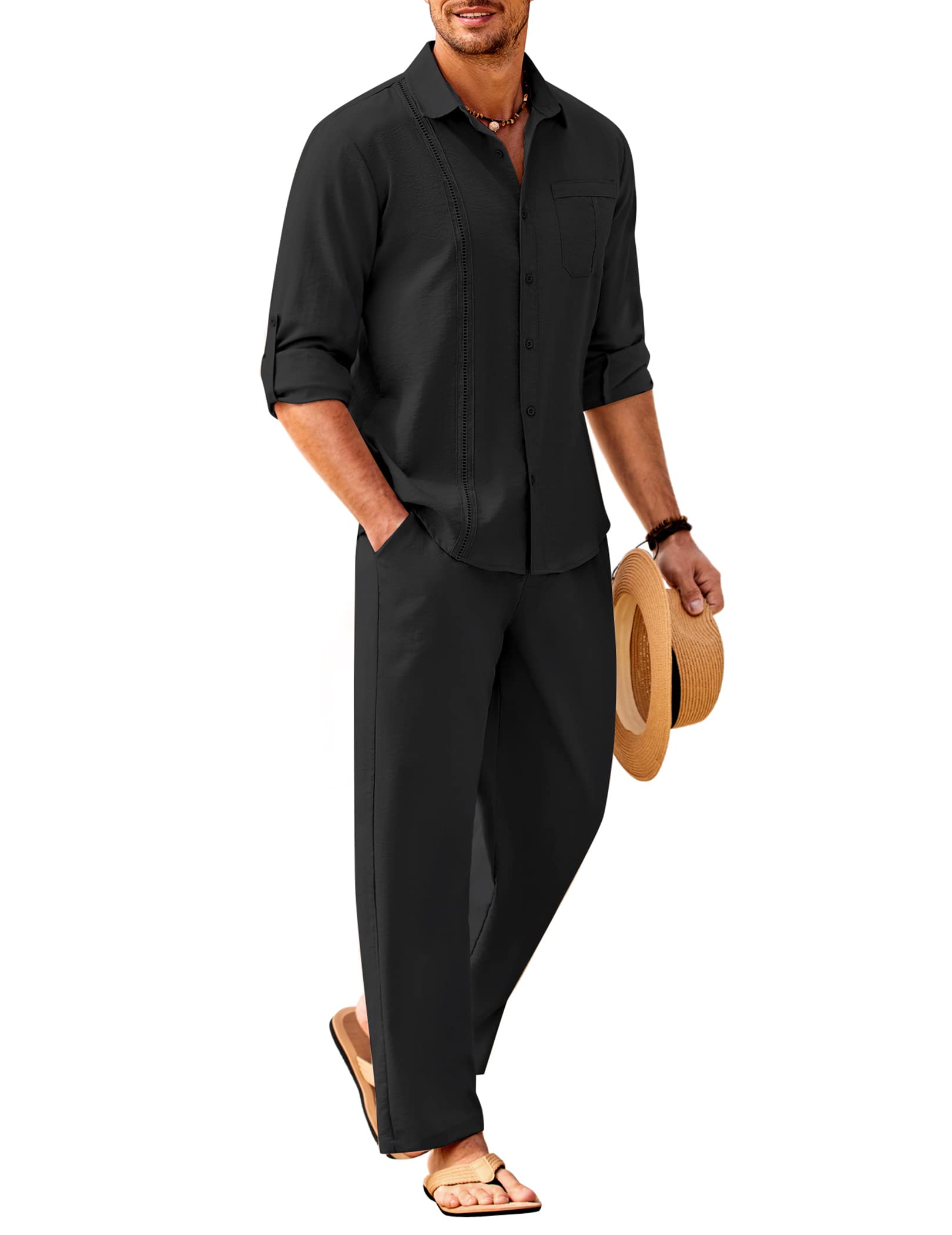 COOFANDY Mens 2 Piece Outfits Long Sleeve Button Down Cuban Shirt and Pants Set Summer Beach Sets