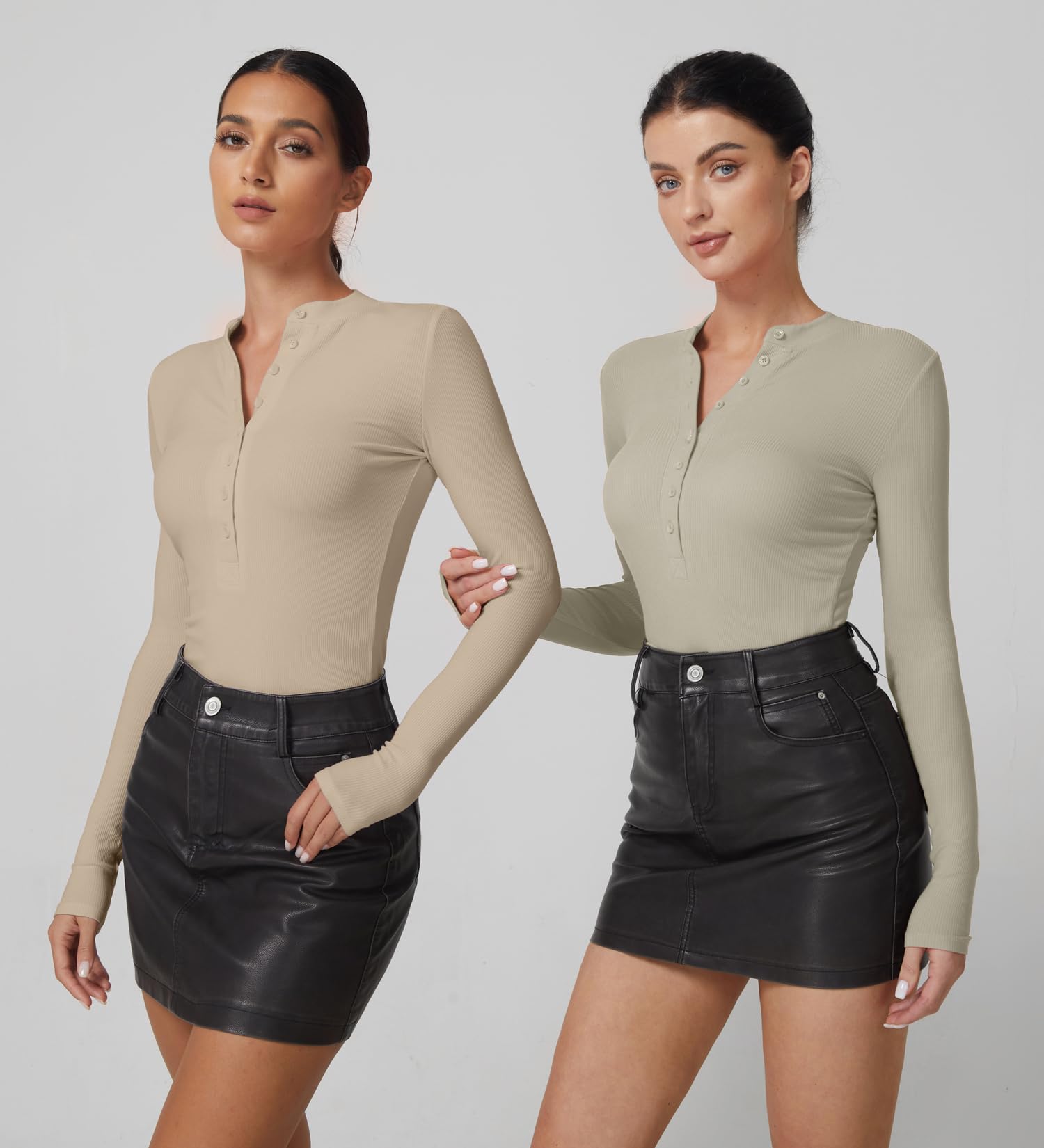 QINSEN Button Down Shirts for Women V Neck Long Sleeve Ribbed Knit Slim Fit Basic Tee Tops