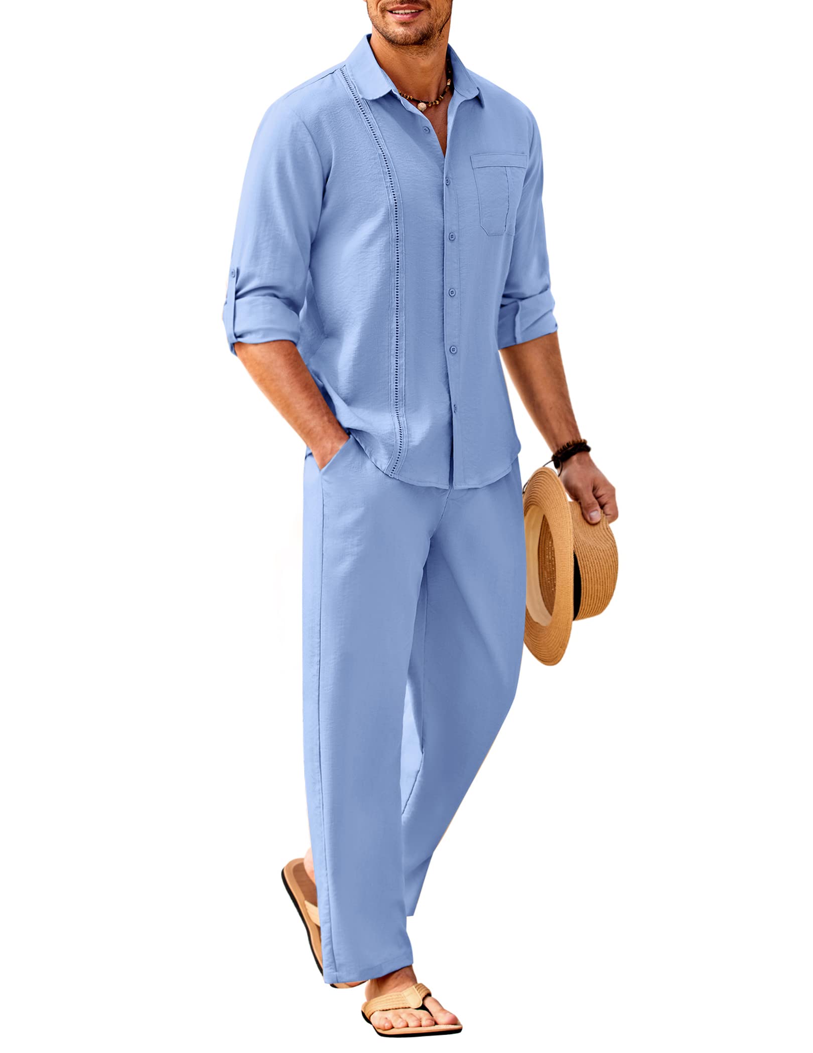 COOFANDY Mens 2 Piece Outfits Long Sleeve Button Down Cuban Shirt and Pants Set Summer Beach Sets