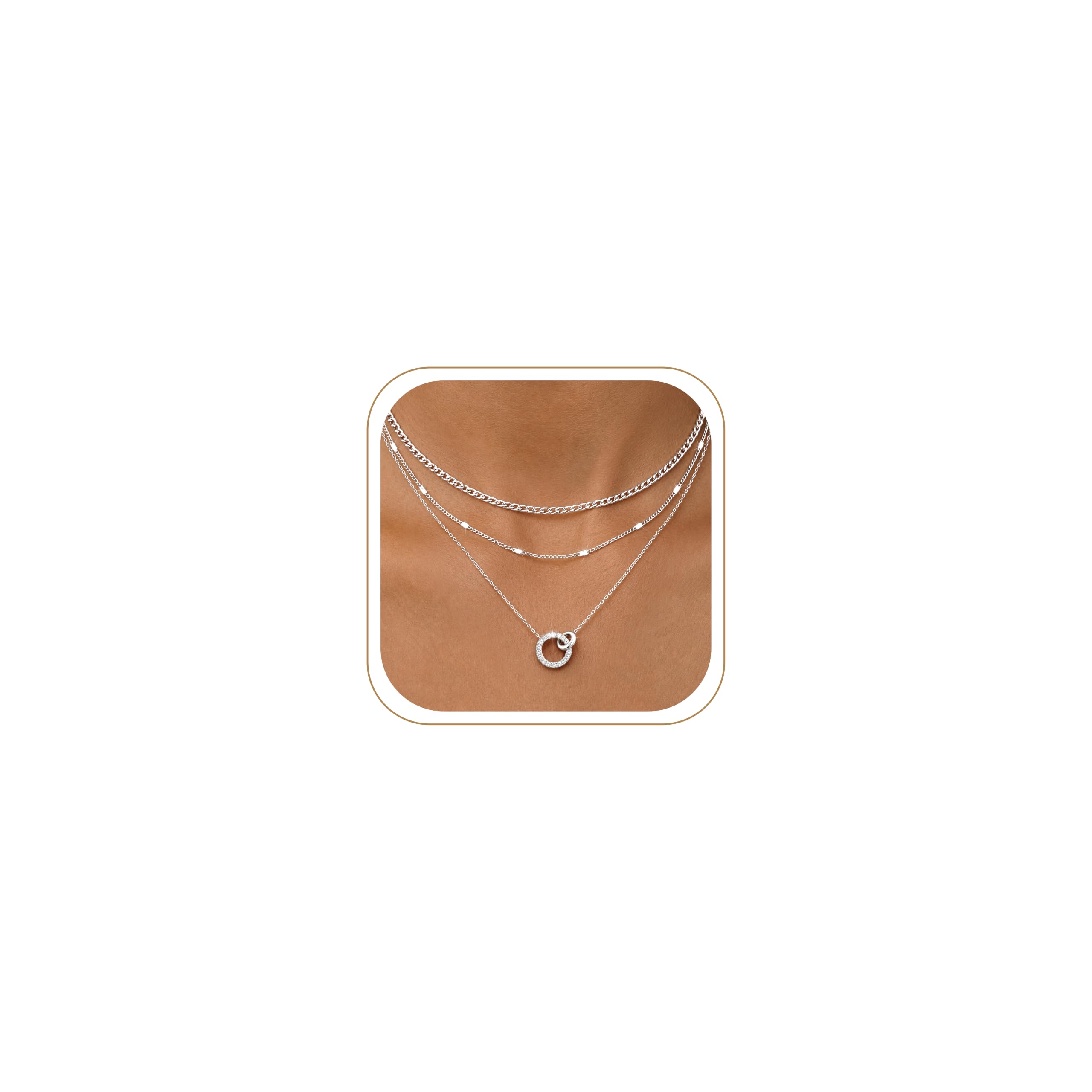 WomenGifts Layered Gold Necklaces for Women, 14K Gold Sterling Silver Plated Dainty Pendant Necklace Set Non Tarnish, Chunky Stackable Cuban Chain Choker, Trendy Birthstone Vacation Jewelry Gift