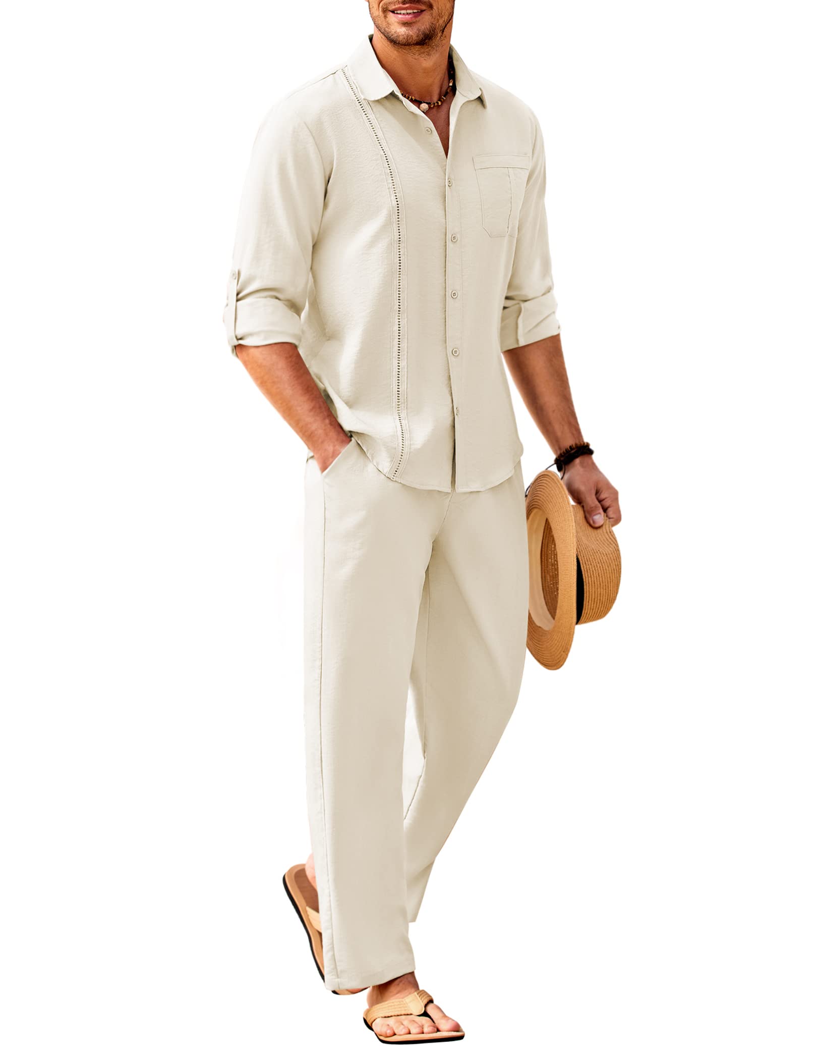 COOFANDY Mens 2 Piece Outfits Long Sleeve Button Down Cuban Shirt and Pants Set Summer Beach Sets