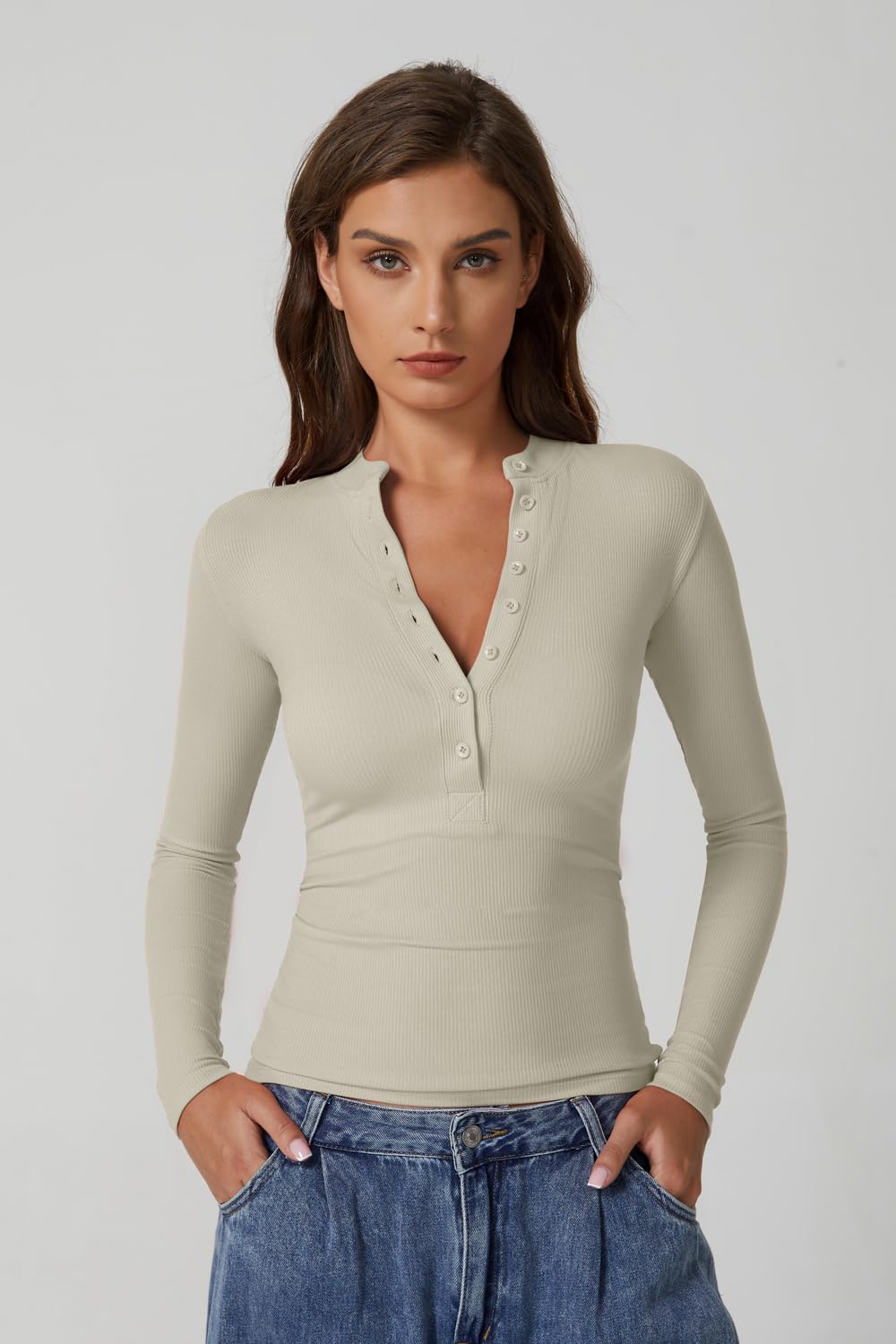 QINSEN Button Down Shirts for Women V Neck Long Sleeve Ribbed Knit Slim Fit Basic Tee Tops