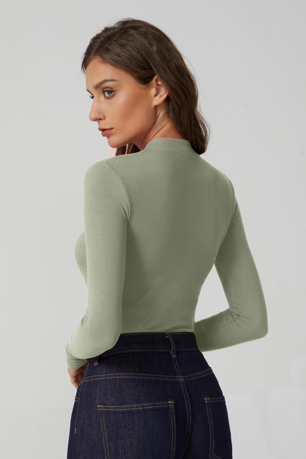 QINSEN Button Down Shirts for Women V Neck Long Sleeve Ribbed Knit Slim Fit Basic Tee Tops